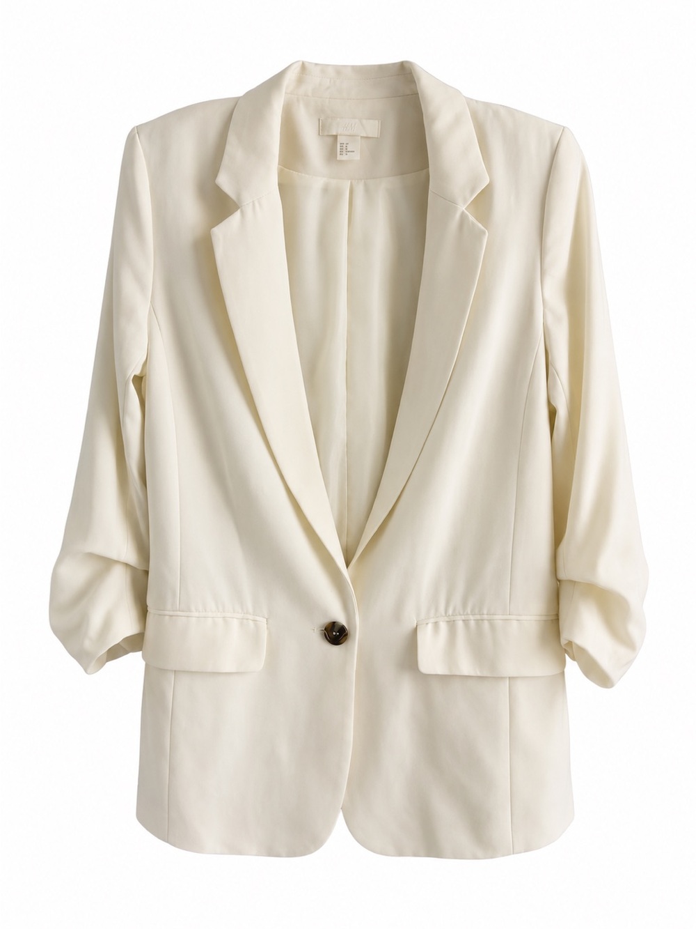 H&M Cream Ruched Sleeve Blazer Jacket with Shoulder Pads Size 6